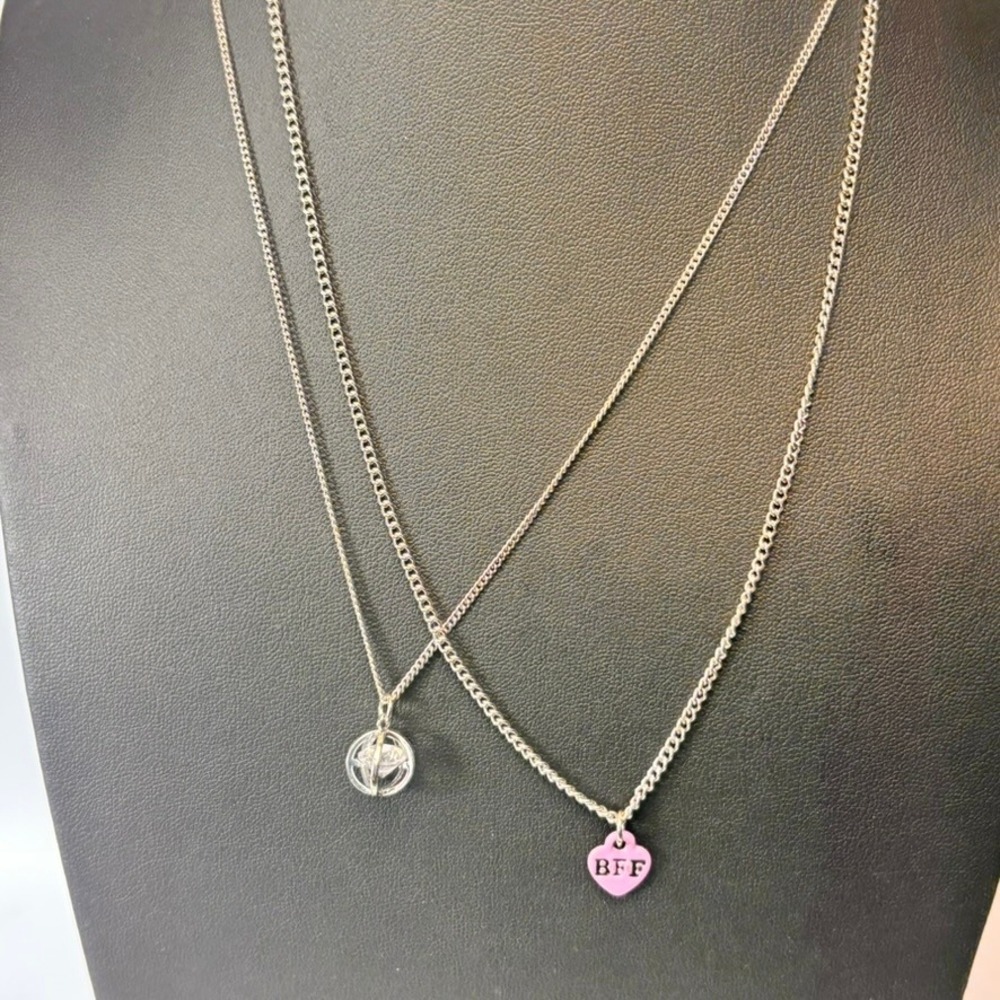 BFF Heart & Crystal Cage Necklace Set Silver Pink Kidcore Y2K Aesthetic 2pc